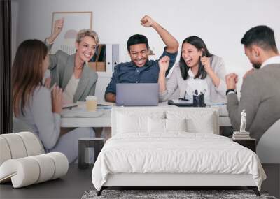 Celebration, laptop and success with business people in modern office for meeting, planning or victory. Cheering, computer and motivation with winner man and woman employee team in boardroom for goal Wall mural