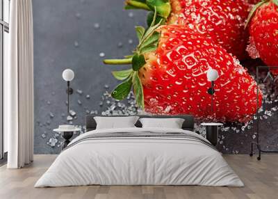 Closeup, health or strawberry on sugar in kitchen of home on counter for diet, natural vitamin c or nutrition. Vegan, background or fruit on sweet surface in apartment or house for detox or minerals Wall mural