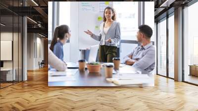 Collaboration, meeting and presentation with business people in boardroom of office together for training. Computer, workshop or whiteboard with man and woman employee team at work for development Wall mural