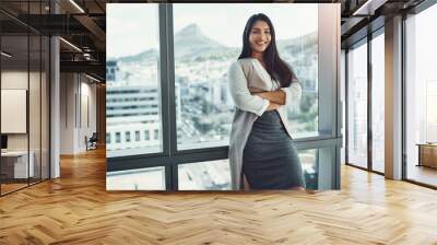 Confidence, office and portrait of happy woman at window, business success or positive in Brazil. Female attorney, arms crossed or smile in agency with pride, career development or ambition in city Wall mural