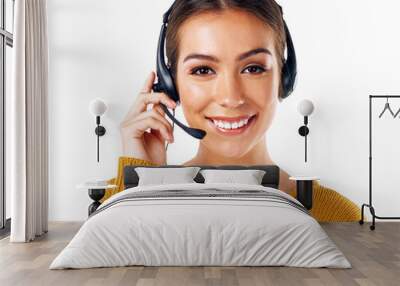 Contact us, customer service and portrait of a happy woman working in a call center while isolated on a transparent png background. Smile, female operator and telemarketing help or advice Wall mural