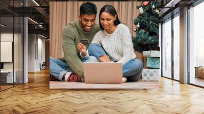 Couple, people and Christmas with credit card on laptop with online shopping for festive season, gift and presents. Relationship, love and home with people for internet banking, spending and holiday Wall mural