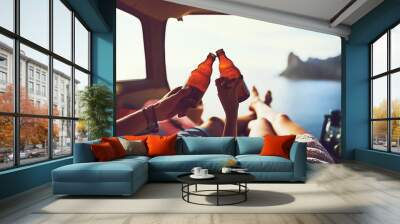 Couple, toast and van with view on road trip in Cape Town, beach vacation with relax in summer. People, transport and ocean with mountain for freedom in nature, bonding on holiday for wellness Wall mural