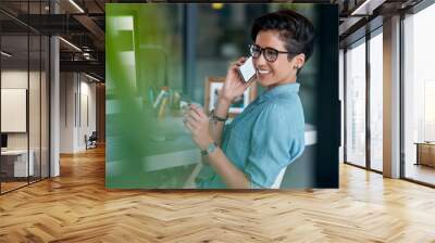 Creative, girl and phone call with smartphone in office for communication on website development and project management. Female designer, conversation and online for app updates, feedback and ideas. Wall mural