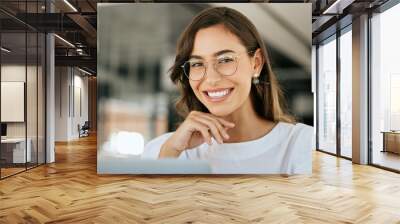 creative, woman and portrait smile with glasses for vision, career ambition or success at the office Wall mural