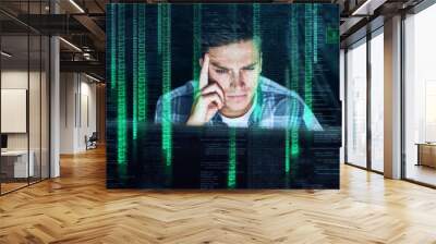 Dark office, cybersecurity and man with data overlay for online metrics, binary code or firewall for crypto trade. Software, thinking and web hacker with malware, virtual hologram or network system Wall mural