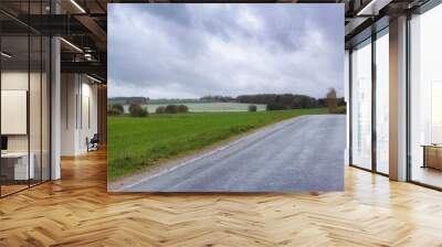 Empty road, travel and field for peace in nature, route and weekend trip to countryside on holiday. Street, tourism and freedom destination on vacation, sustainability and journey to New Zealand Wall mural