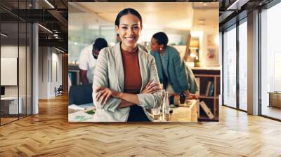 Face, business and woman with arms crossed, smile and career with teamwork, meeting or planning. Portrait, person or employee with cooperation, staff or professional with brainstorming in a workplace Wall mural