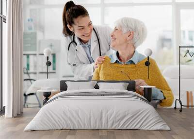 Face, happy or doctor with old woman In wheelchair or consultation for healthcare in hospital clinic. Portrait, smile or medical worker consulting an elderly person with a disability in appointment Wall mural