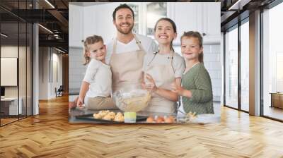 Family, portrait and dough with children in kitchen for healthy diet, support and cooking education. Happy, mother and father with kids by table for learning, ingredients and teaching to bake at home Wall mural