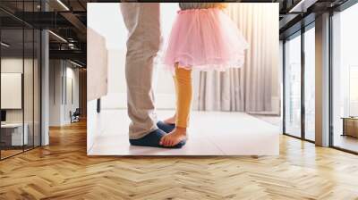 Father, child and dancing on feet in home with music, radio or bonding with love in living room. Dancer, energy or girl in ballerina dress in lounge with teaching, steps or movement in house for care Wall mural