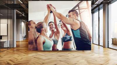 Fitness, gym class and high five with friends and personal trainer with workout, exercise and training. Teamwork, smile and happy people with success, motivation and excited from sport at health club Wall mural