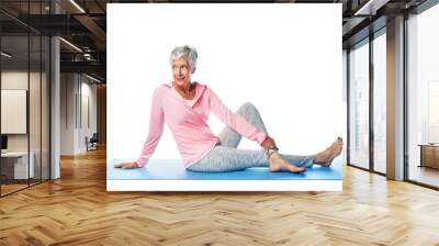 Flexibility, fitness and senior woman in yoga twist to stretch for old age health and wellness. Png, isolated background and yogi practice of a mature female for physical workout and wellbeing Wall mural