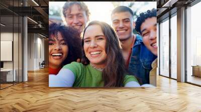 Friends, group and selfie in backyard for holiday, party and get together or hangout with social media. Excited portrait of young people in profile picture for bonding, youth and diversity outdoor Wall mural