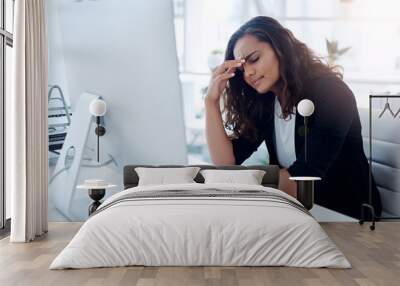 Frustrated, business woman and computer with headache in stress, debt or mistake and burnout at office. Female person or employee with migraine, anxiety or depression in financial crisis at workplace Wall mural