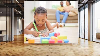 Girl child, living room or drawing with book for youth creativity, paper for art project or school. Black people, learning and parents together on couch with development in house, relax with kid Wall mural