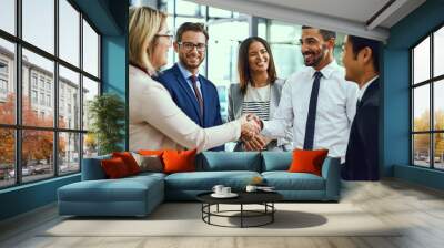 Group, business people and handshake for welcome, introduction or greeting in office. Shaking hands, smile and team with deal for collaboration, agreement or thank you for b2b partnership opportunity Wall mural