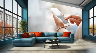 Hands, business and woman with smartphone, typing and internet with connection, social media and contact. Closeup, screen or agent with cellphone, mobile user and message with digital app for texting Wall mural