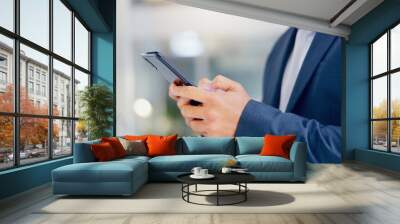 Hands, communication and businessman with phone in office typing online email for connectivity or networking. Technology, contact and lawyer on cellphone with research for legal case in workplace. Wall mural