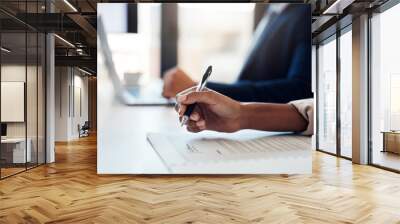 Hands, pen and business contract in meeting for group agreement, deal or legal paperwork. Closeup, documents and woman with application in office for finance, investment proposal or insurance policy Wall mural