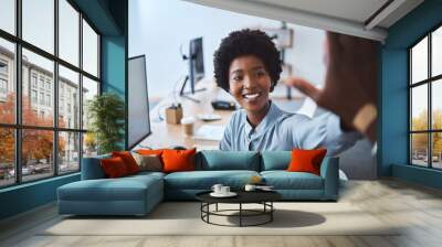 Happy, black woman and call center with high five for winning, promotion or success at office. Young African, consultant or agent with smile or touch for teamwork, good job or well done at workplace Wall mural