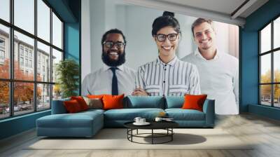 Happy, business people and confident with portrait in office for career in service management by non profit organization. Men, woman and inclusion with diversity, arms crossed or pride for foundation Wall mural