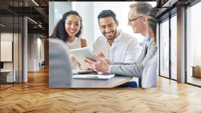 Happy, business people and meeting with tablet in office for communication of company strategy and goals. Smile, corporate group and discussion with technology in boardroom for training interns Wall mural