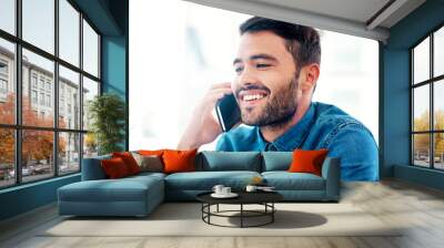 Happy, businessman and phone call with result for communication, new job and career opportunity. Male person, smiling and confident talking on mobile technology for good news and conversation Wall mural