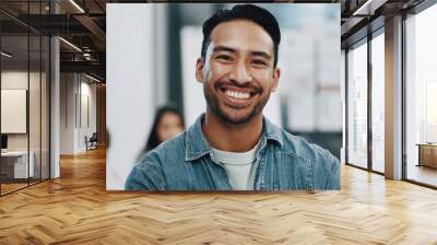 Happy, portrait and asian man with team in confidence for leadership, meeting or productivity at office. Young face, male person or employee with smile for creative business development at workplace Wall mural