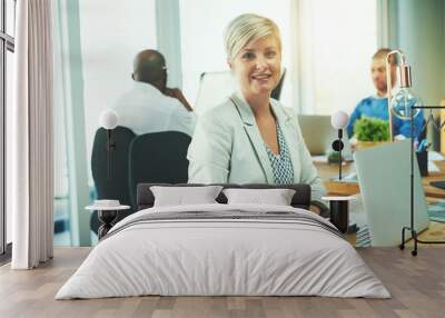 Happy business woman, portrait and laptop with coffee in confidence for content creation or journalism at office. Female person, journalist or employee with smile in agency on computer at workplace Wall mural