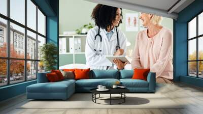 Happy woman, doctor or consulting patient with tablet in checkup for medical results, diagnosis or prescription at hospital. Female person talking to client for consultation, help or advice at clinic Wall mural