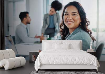 Happy woman, portrait and laptop with team for company research, about us or collaboration at office. Female person or employee with smile on computer for business growth or project at workplace Wall mural