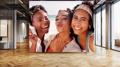 Happy women, portrait and selfie with peace sign at beach for holiday or summer vacation together. Young, group or female people with smile, kiss or hug in joy for picture, memory or moment by ocean Wall mural