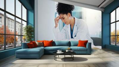 Headache, doctor or woman with stress or documents in hospital clinic overwhelmed by emergency. Depression, sick or tired healthcare worker in office frustrated by migraine pain, paperwork or burnout Wall mural