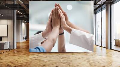 high five, teamwork and doctors hands in collaboration for mission, goal or team building together.  Wall mural