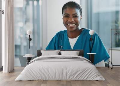 Hospital, doctor and black woman with laptop, portrait and smile with research, online results and network. African person, medical or professional with computer, nurse and digital app with pride Wall mural