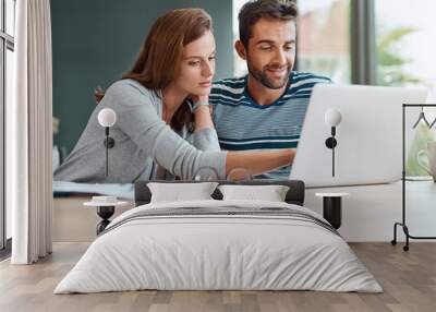 House, couple and laptop for finance, reading and planning for budget, mortgage payment and research for life insurance. Accounting, apartment and man with woman, computer and income with investment Wall mural