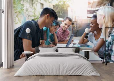 International, students and study at college on campus with friends and learning in community with diversity. Research, project or people reading notes on course in collaboration or teamwork support Wall mural