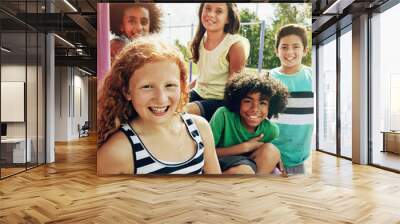 Kids, park and portrait of group in summer to relax with friends on playground on vacation. Happy, holiday and children together for party, games or smile outdoor at middle school recess or break Wall mural