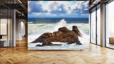 Landscape, beach and ocean with blue sky, rocks and clouds for tropical holiday, nature and travel. Sea, water and waves outdoor in summer sunshine for luxury vacation, tourism and adventure in Ibiza Wall mural