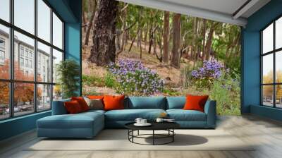 Landscape, flowers and blue sky with trees, plant or growth for sustainability or green nature. Bush, forest and leaves in spring for ecology in healthy environment, countryside or rainforest Wall mural