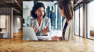 Laptop, meeting and business women in office for consulting, talking and discussion for online proposal. Corporate team, financial advisor and people on computer for planning, website and feedback Wall mural