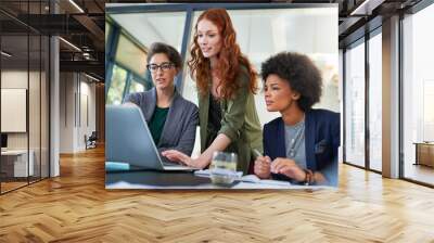 Laptop, teamwork or women in startup for problem solving, conversation or discussion for tech news. Solution, meeting or people in office for planning strategy, feedback data or online collaboration Wall mural