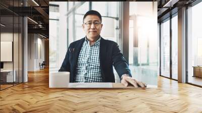 Leadership, mature and asian man in portrait with investment, wealth and business planning at his office. Management ceo, executive or corporate senior manager, person or people with company vision Wall mural