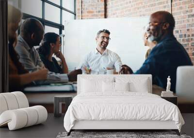 Man, manager and business meeting in boardroom for financial growth with laughing at table. People, company and workshop with coach or speaker for corporate planning with team in happy office. Wall mural