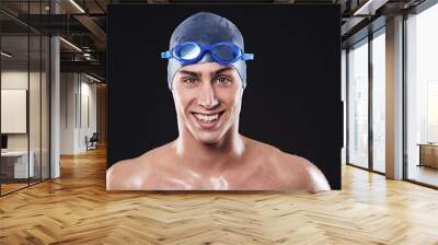 Man, studio and portrait with swimmer smile, workout and exercise with athlete for cardio health. Wellness, confident and male person with swimming cap and goggles, black background for sport Wall mural