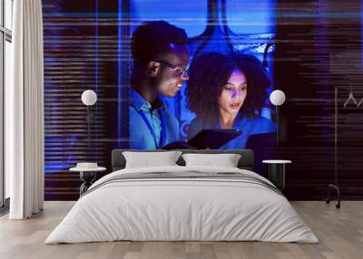 Man, woman and tablet with overlay for technology, maintenance or night data center or futuristic. Teamwork, digital information and cloud computing with app, network programming or problem solving Wall mural