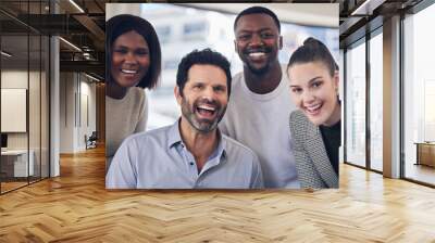 Mature man, group and diversity in portrait as mentor with happy, internship and workplace for experience. Team, leader and smile in office or boardroom as colleagues in collaboration for project Wall mural