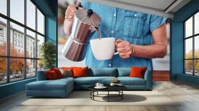 Mature woman, coffee and mug in kitchen of home, moka pot and smile for morning caffeine. Drink, beverage and warm for comfort and energy for female person, retirement and relax with espresso cup Wall mural