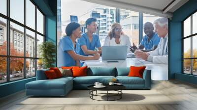 Medicine, team and people in meeting in office for healthcare planning, health management or diversity. Doctor, nurse collaboration or professionals in boardroom for diagnosis treatment or cardiology Wall mural